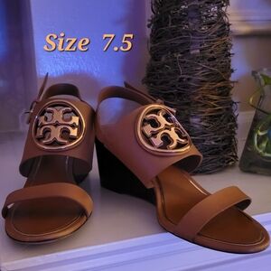 Tory Burch Metal Miller Wedge Heel Sandals Tan/Rose Gold Size 7.5